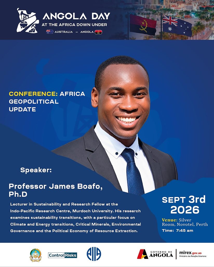 ANGOLA DAY NO ÁFRICA DOWN UNDER. PRINCIPAIS PROJECTOS ESTRUTURANTES DE ANGOLA, DESTACADOS EM CONFERÊNCIA NA AUSTRÁLIA, A Embaixada de Angola na Comunidade da Austrália, em parceria com o Instituto Australiano de Relações Internacionais Western Australia, realizam no próximo dia 3 de Setembro, a Conferência, África Geopolitical Update, evento inserido no Programa Oficial do Angola Day, no África Down Under, maior Conferência sobre o sector mineiro africano, realizada fora do Continente africano, e que este ano, assinala a sua 24° Edição, de 2 a 4 de Setembro.